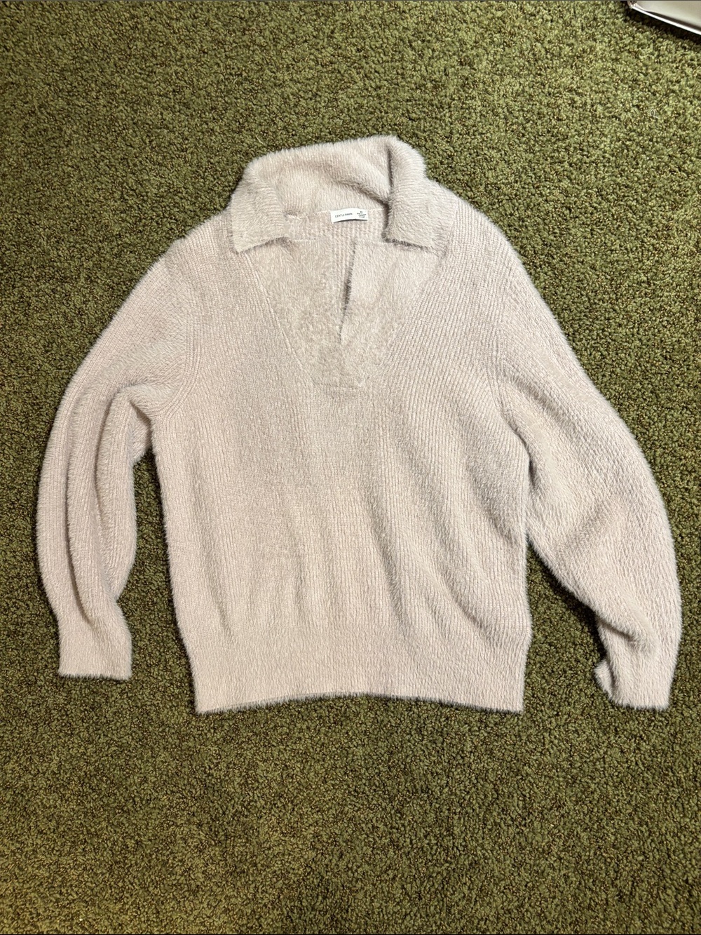 Gentle Fawn Plush V-Neck Collared Sweater - Light Blush